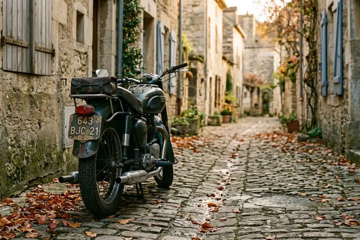 Carte grise collection moto - document officiel Moto vintage des années 1950 garée dans une ruelle pavée à l'automne - moto de collection sans contrôle technique