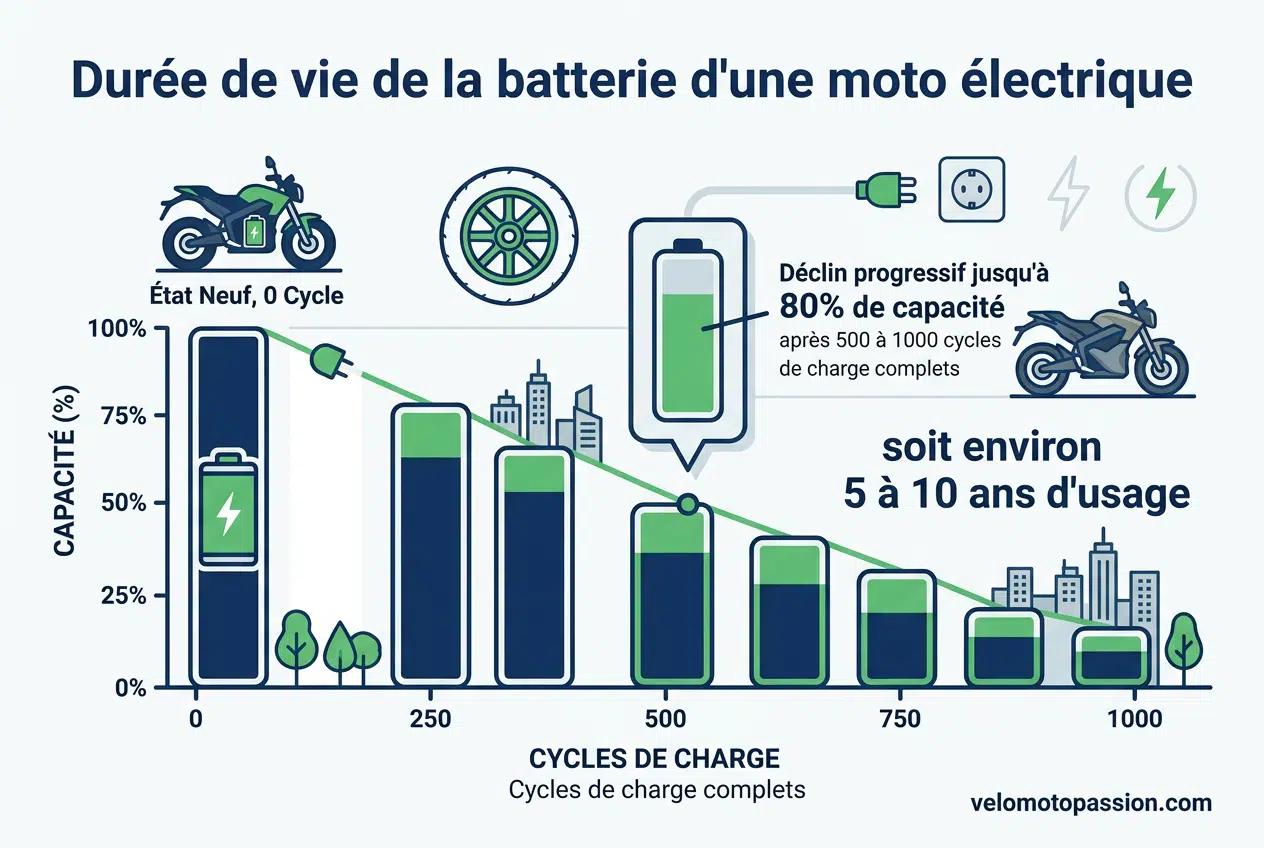 Durée de vie de la batterie d'une moto électrique Durée de vie de la batterie d'une moto électrique : 80 % de capacité conservée après 500 à 1000 cycles de charge, soit 5 à 10 ans