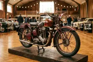 Moto ancienne des années 1930 exposée dans un salon vintage, carrosserie bordeaux et cuivre - contrôle technique moto de collection