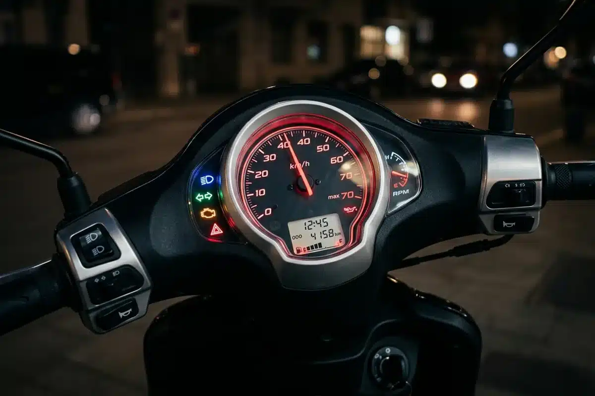Points de contrôle cyclomoteur 50cc Tableau de bord d un scooter 50cc avec compteur de vitesse, points de contrôle technique