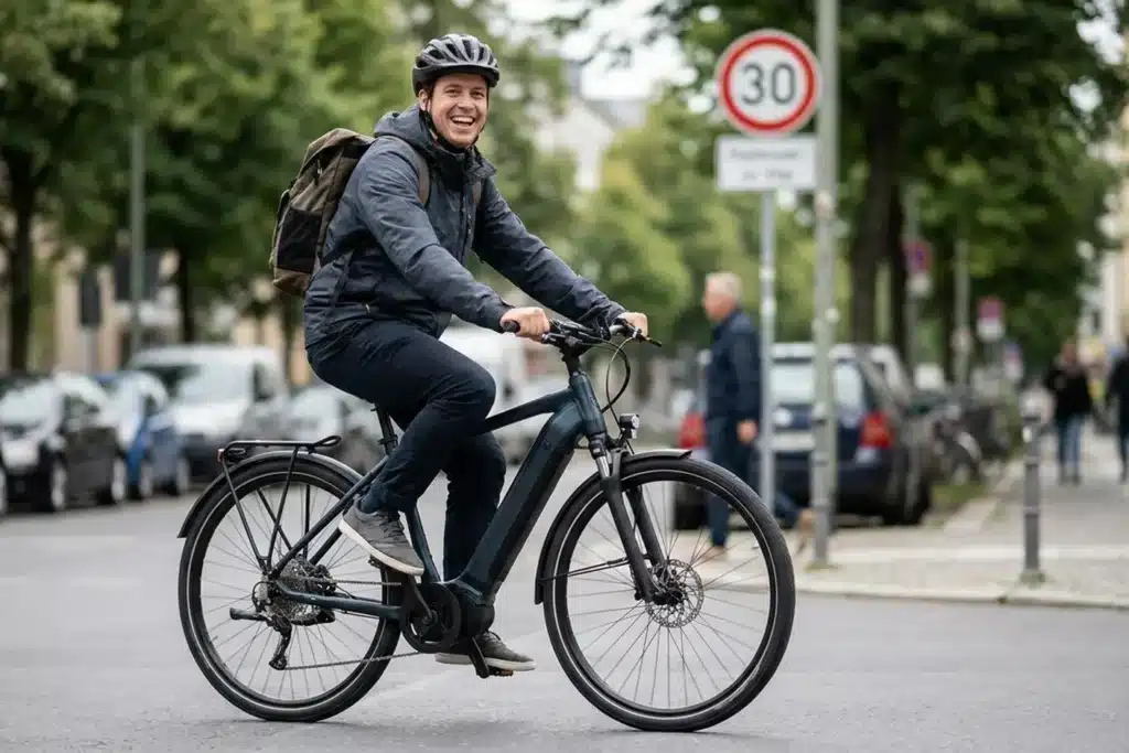 Cycliste sur vélo à assistance électrique en ville, illustration des limites légales de vitesse
