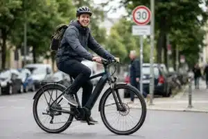 Cycliste sur vélo à assistance électrique en ville, illustration des limites légales de vitesse