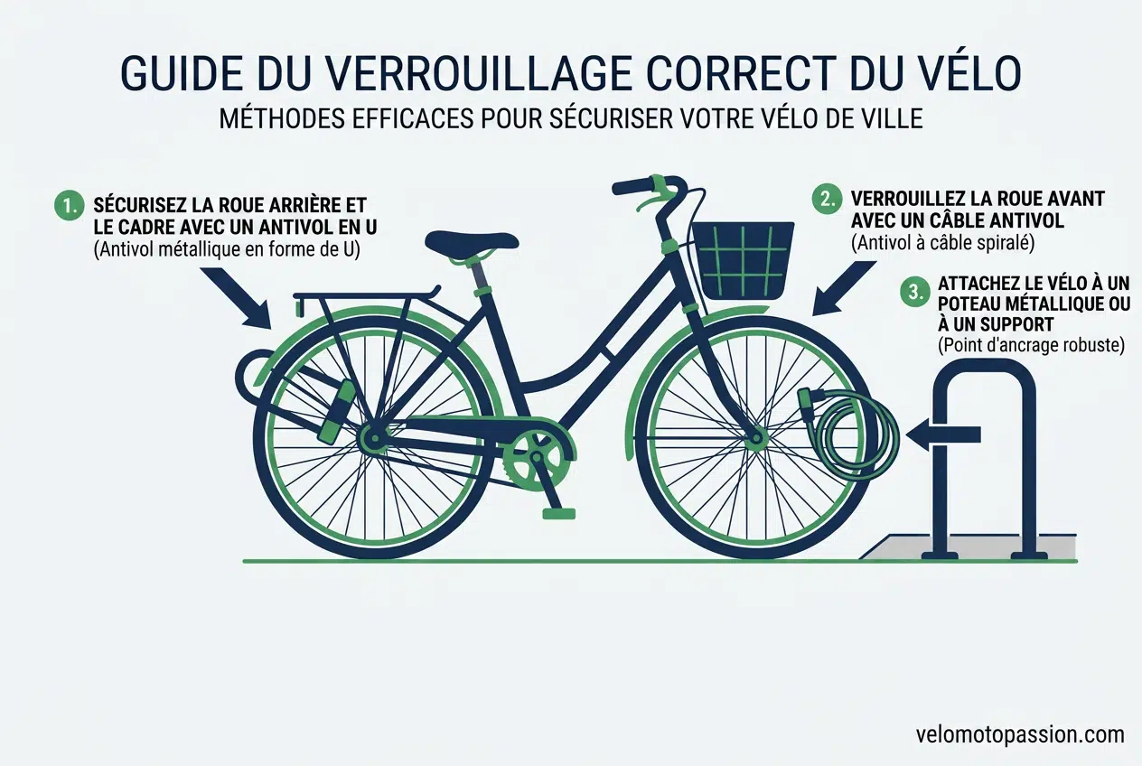 Guide du verrouillage correct du vélo Guide du verrouillage correct du vélo : antivol en U sur roue arrière et cadre, câble antivol sur roue avant, vélo attaché à un support fixe