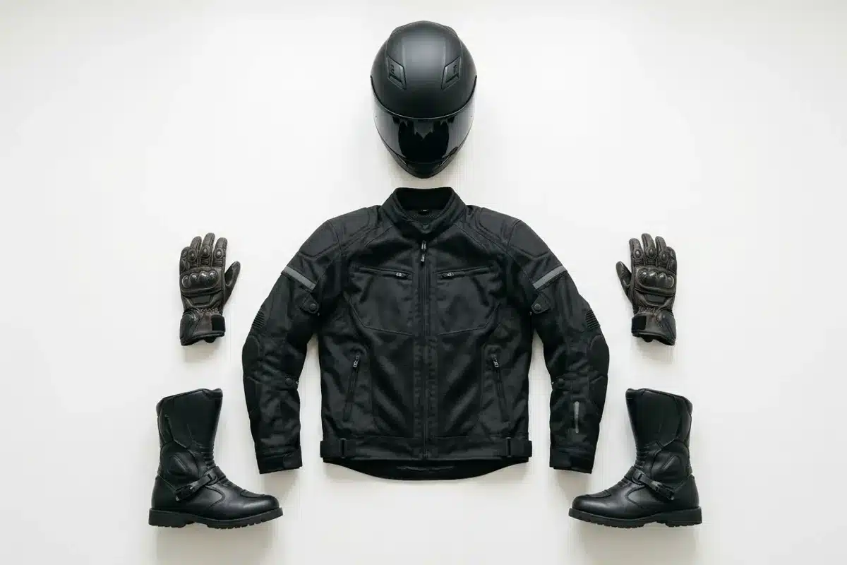 Équipement complet moto : casque, veste, gants et bottes pour jeune conducteur