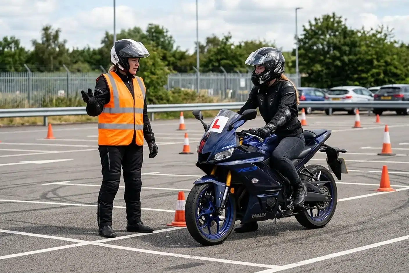 Instructeur moto accompagnant un candidat lors de la formation de 7 heures pour le permis A