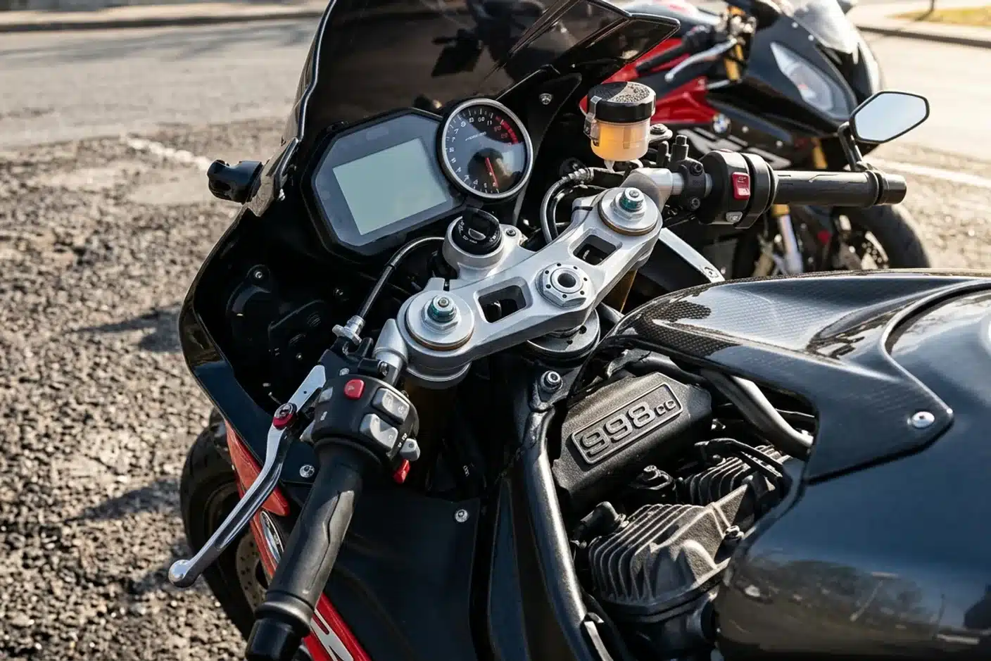 Tableau de bord d'une grosse cylindrée moto avec badge cylindrée, représentant un gros cube