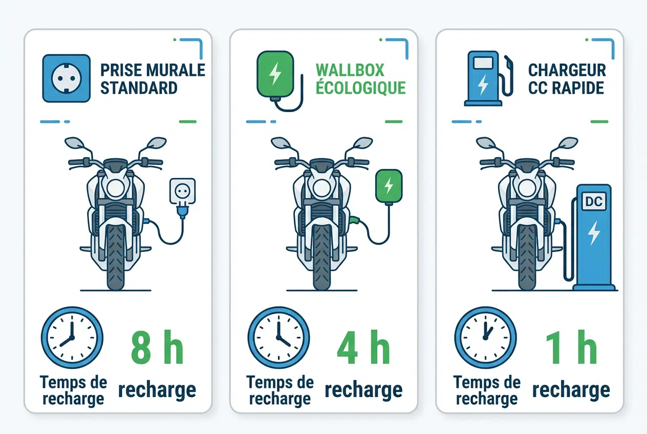 Temps de recharge d'une moto électrique selon le mode de charge Temps de recharge d'une moto électrique selon le mode : prise murale standard 8 h, wallbox 4 h, chargeur CC rapide 1 h