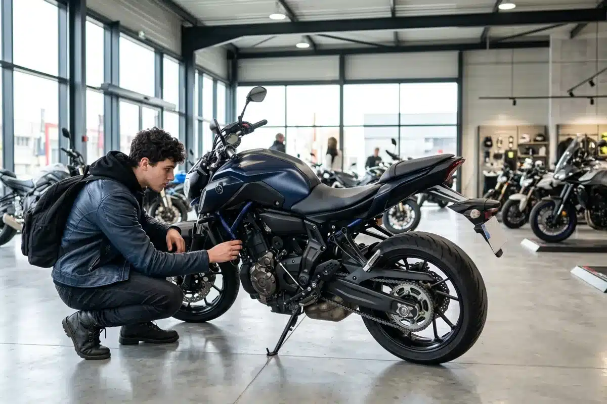 Jeune conducteur inspectant une moto d'occasion en concession