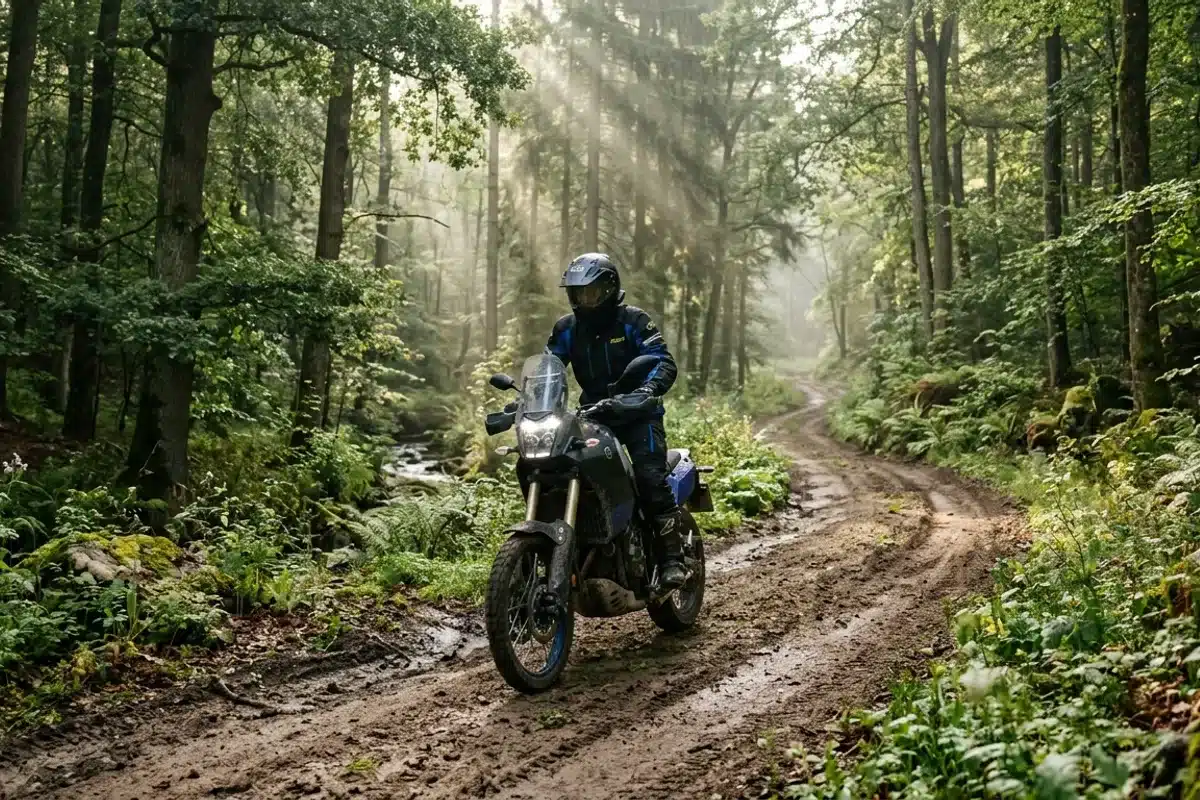 Moto trail A2 en forêt, idéale pour voyager avec un jeune permis