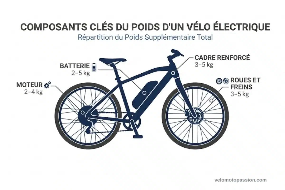 Composants clés du poids d'un vélo électrique Infographie des composants qui alourdissent un vélo électrique et leur poids : batterie 2-5 kg, moteur 2-4 kg, cadre renforcé 3-5 kg, roues et freins 3-5 kg