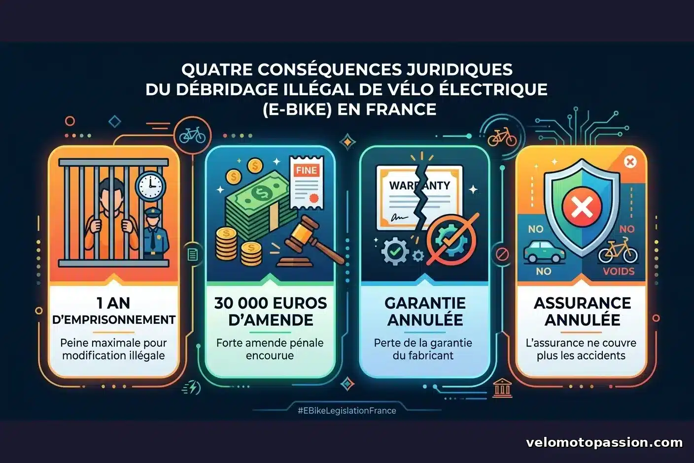 Sanctions légales débridage VAE France Infographie des sanctions pour débridage illégal d'un VAE : amende 30 000 €, 1 an de prison, garantie et assurance annulées