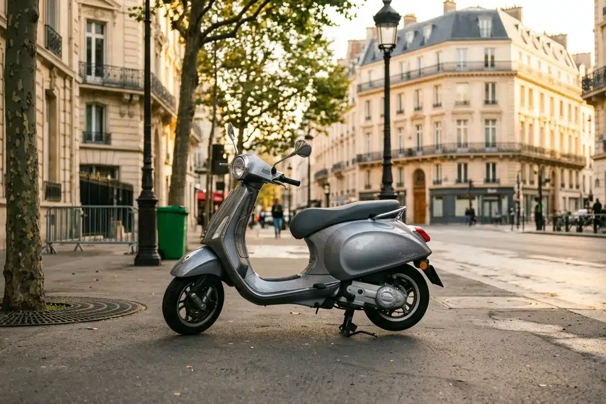 Scooter 50cc et contrôle technique Scooter 50cc gris stationné dans une rue parisienne, contrôle technique obligatoire