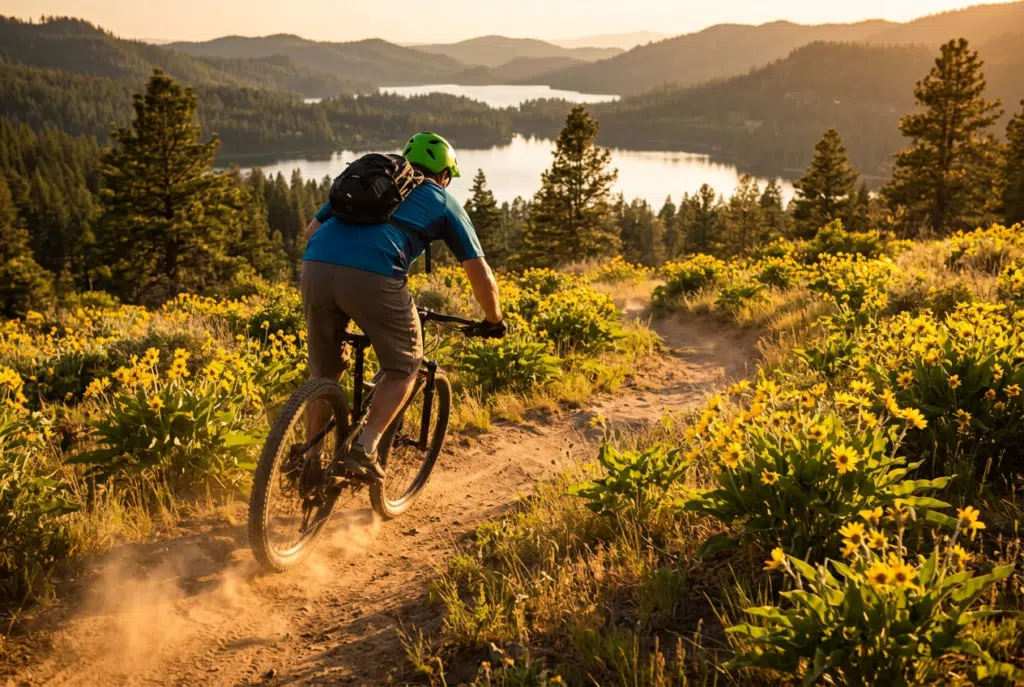 VTTiste dévalant un sentier de montagne au coucher du soleil sur un VTT tout-suspendu