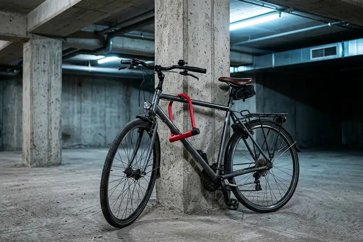 Vélo avec antivol U-lock rouge dans un parking souterrain Vélo de ville attaché à un pilier béton avec un U-lock rouge dans un parking souterrain