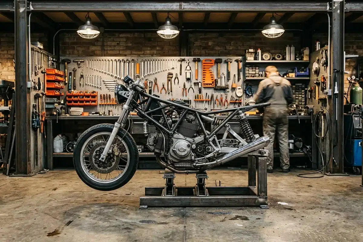 Atelier de préparation moto custom : cadre et moteur nus sur béquille moto custom nue sur béquille d'atelier, cadre tubulaire et moteur V-twin apparents dans un atelier de préparation professionnelle
