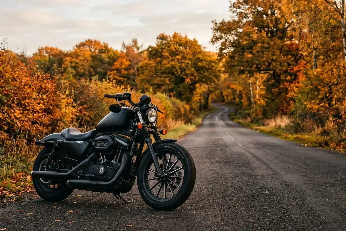 Bobber noir mat garé sur une route de campagne en automne bobber moto custom noir mat garé au bord d'une route de campagne avec feuillage automnal orangé et doré