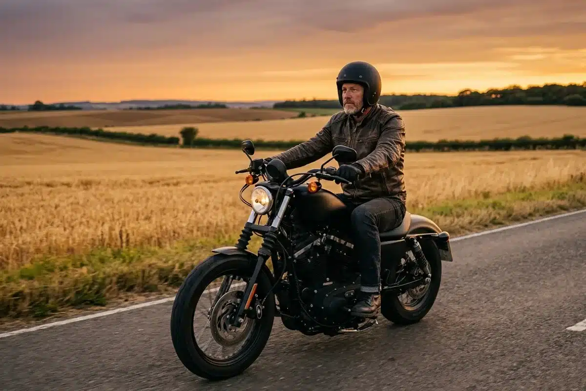 Moto cruiser en balade sur route de campagne au coucher du soleil Motard équipé sur une moto cruiser noire roulant sur une route de campagne au coucher du soleil, champs de blé en fond