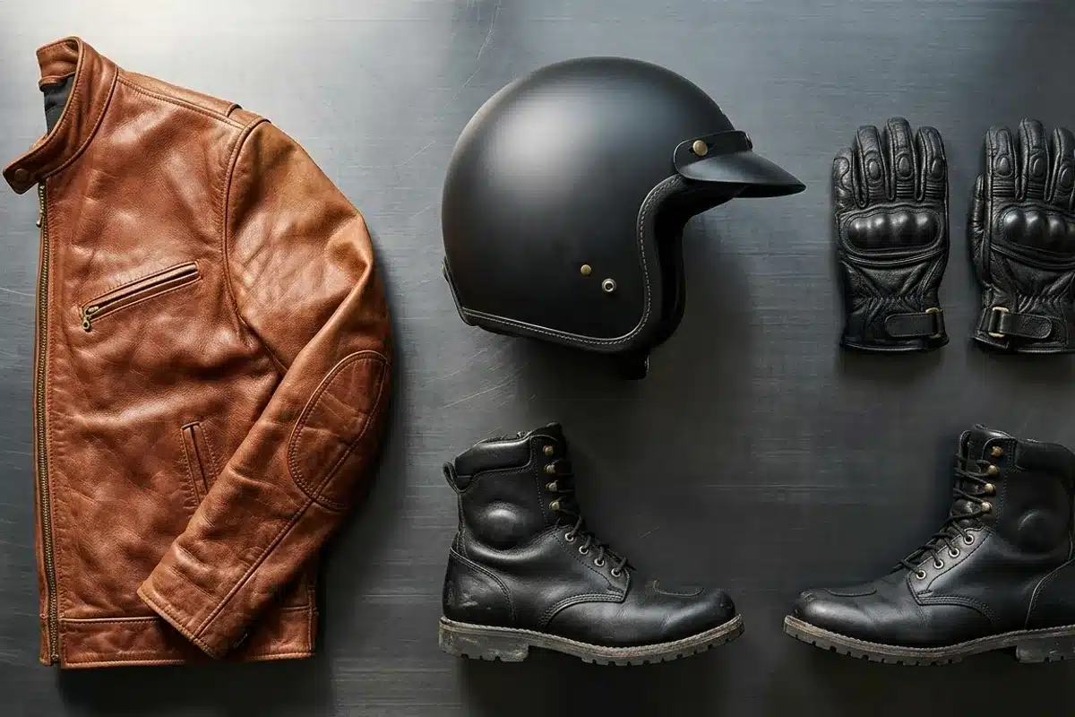Équipements recommandés pour motard de cruiser Équipements essentiels du motard posés en flat lay : casque jet noir, blouson cuir cognac, gants en cuir et bottes de moto noires