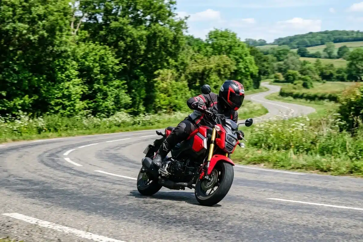 Moto sportive permis A2 en virage Moto sportive compacte compatible permis A2 en virage sur route sinueuse asphaltée entourée de verdure française