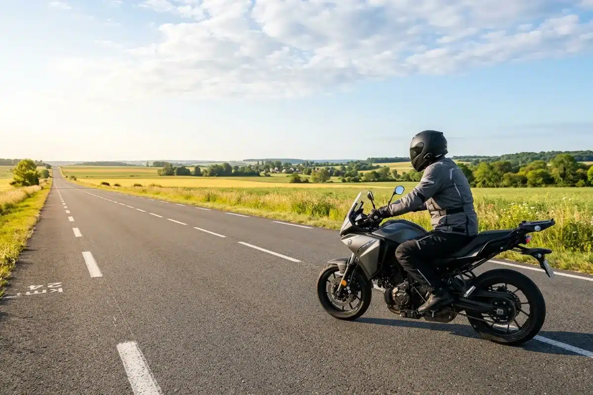 Passerelle permis A2 vers permis A route ouverte Motard sur route nationale rectiligne française symbolisant la liberté après la passerelle du permis A2 vers le permis A