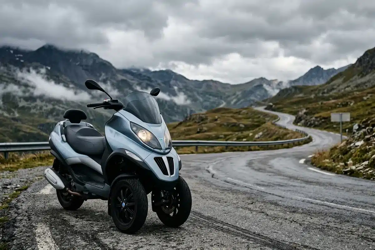 Piaggio MP3 route de montagne double roue avant Piaggio MP3 trois roues garé sur une route de montagne sinueuse, double roue avant en évidence