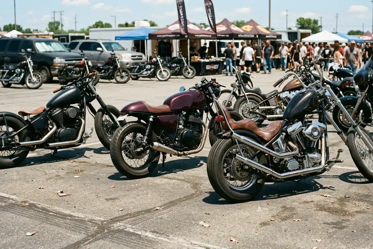 Rassemblement de motos custom : bobber, café racer et chopper garés rangée de motos custom de styles différents garées dans un parking lors d'un rassemblement moto en plein air
