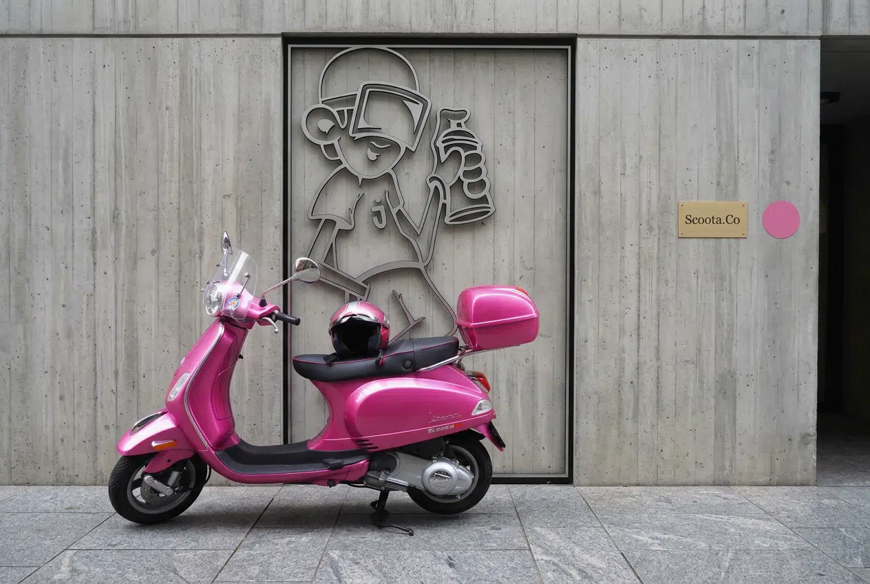 Scooter 50 cm³ rose stationné dans une rue