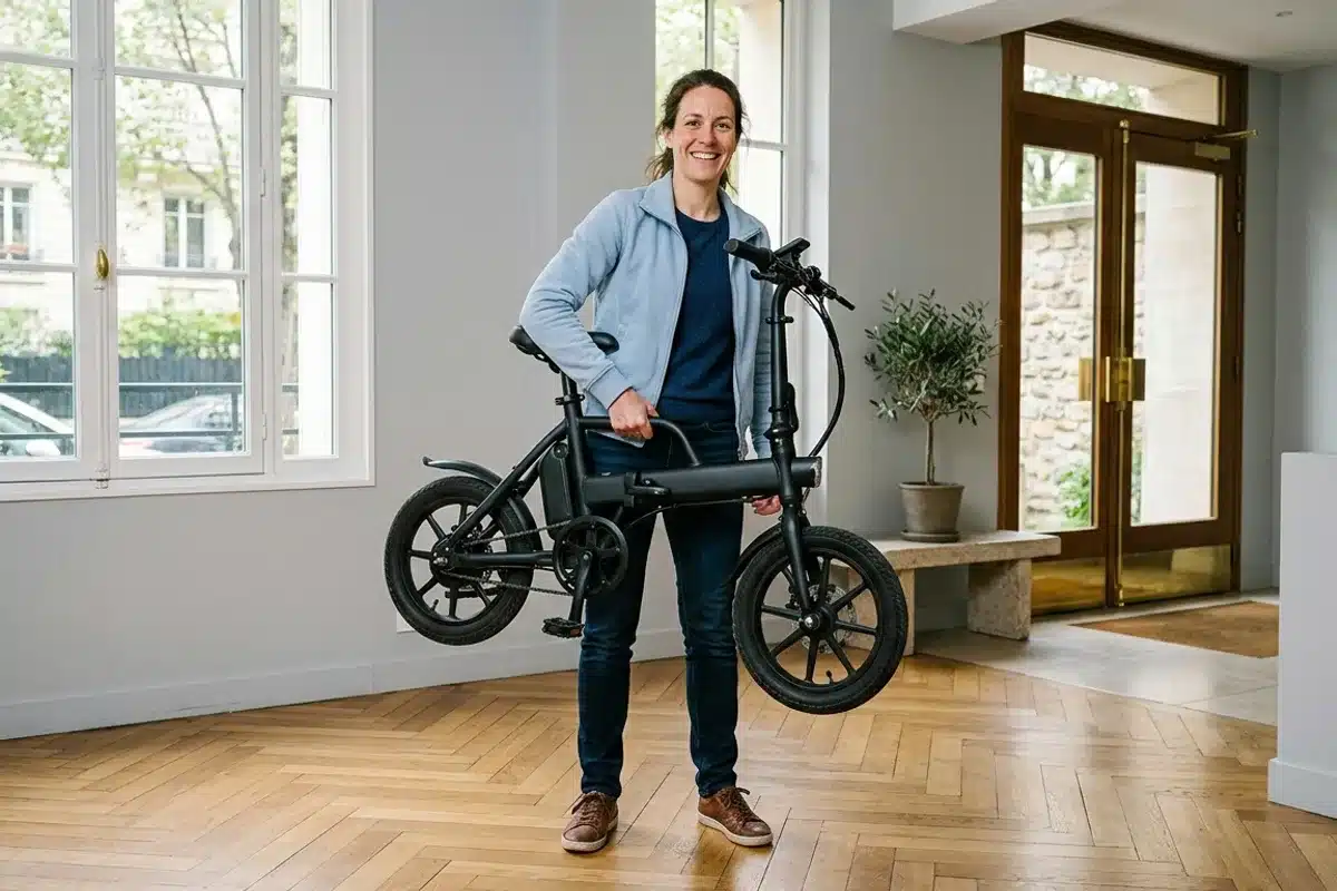 Femme en veste bleue portant facilement un vélo électrique pliant compact dans le hall d'un immeuble parisien