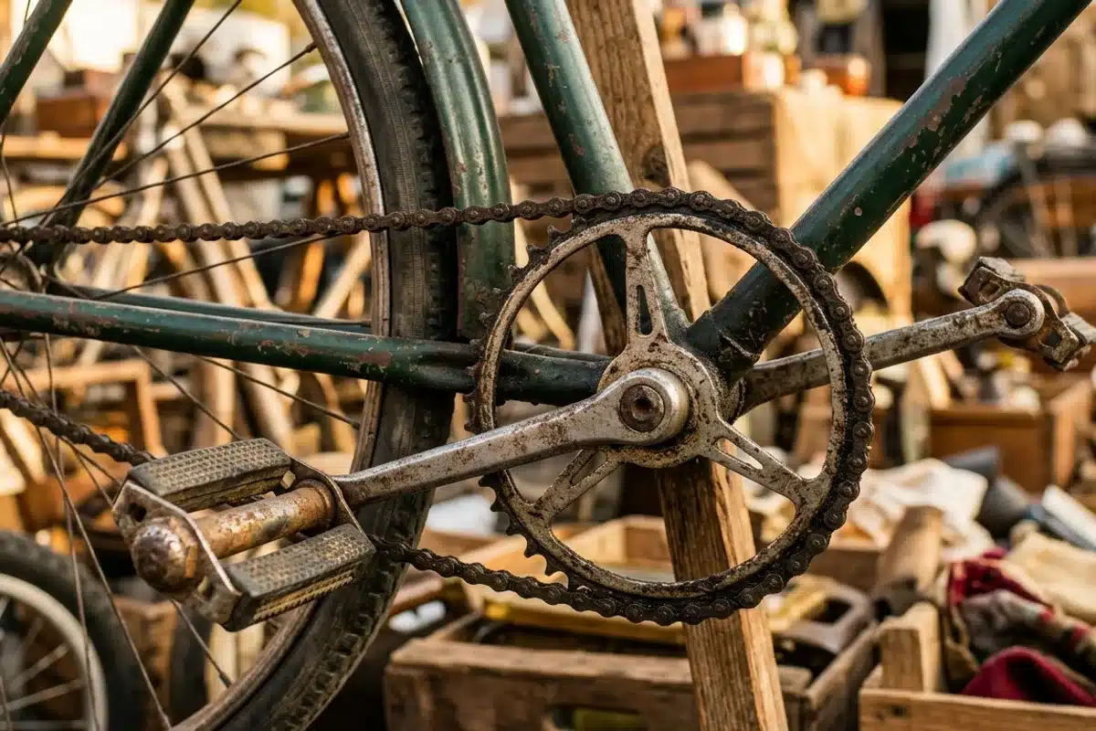 Détail d'un pédalier de vélo ancien trouvé en brocante, avec patine et composants d'époque